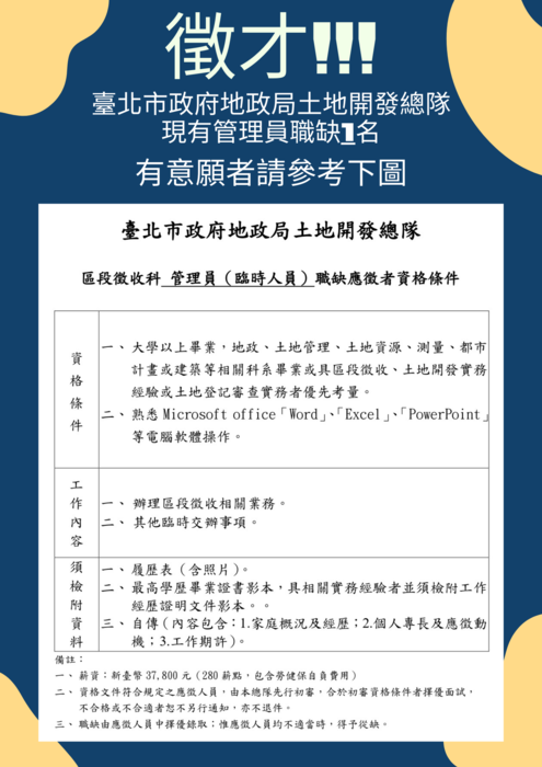 臺北市政府地政局土地開發總隊徵才!!!圖片